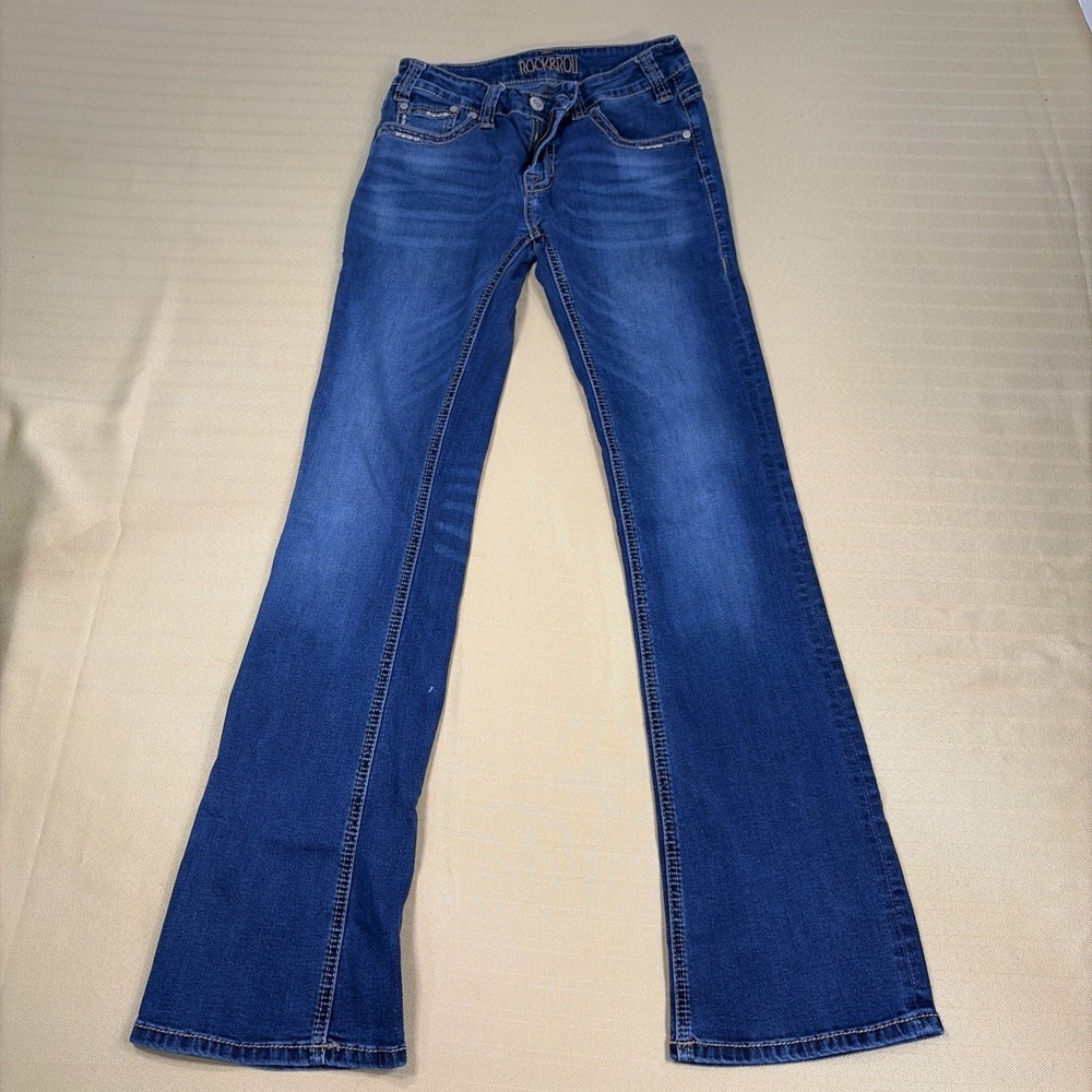 Rock & Roll Cowgirl Women Jeans 26x34 Blue Denim Bootcut Mid Rise Trouser